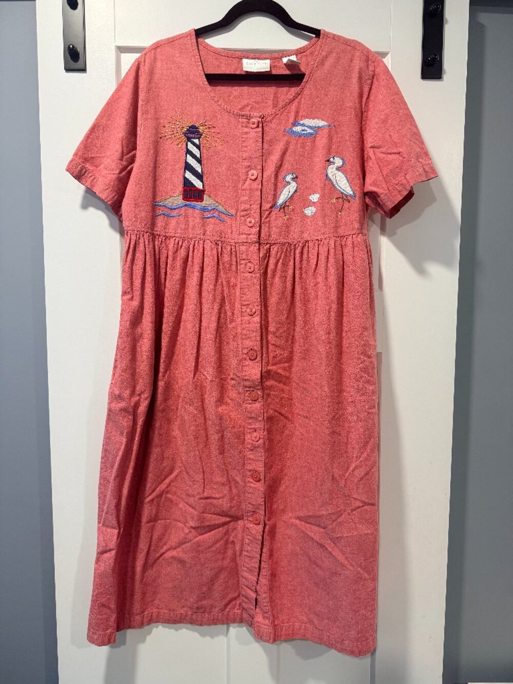 Cabernet Coral Button-Front Midi Dress with Nautical Embroidery
